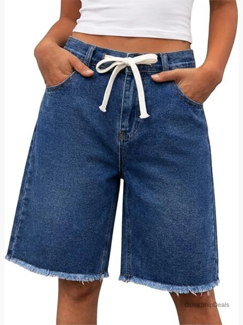 High Waisted Denim Shorts Bermuda Baggy Drawstring Raw Hem Jorts Knee Length